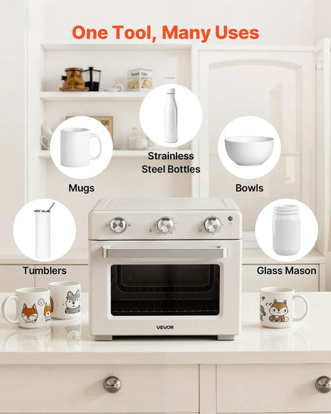 Sublimation Oven Machine Kit For Tumblers Mugs Bowls 26 Qt With 360 Turbo Convection displayed with mug, tumbler, bowl examples.