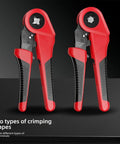 Pro Multifunctional Carbon Steel Crimping Pliers Ergonomic Hand Tool For Electricians And Automotive Technicians, showing two crimping shapes.