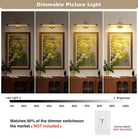 Dimmable Picture Light For Paintings Modern Lit 7W LED Wall Sconce 16.54 Inch Long 3000K showing brightness levels over artwork