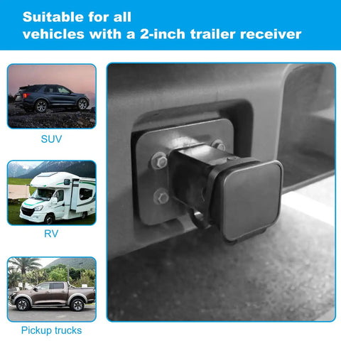 2 Inch Tow Hitch Cover for Cars Trucks and ATVs Durable Trailer Hitch Receiver Cap on vehicle showing secure attachment