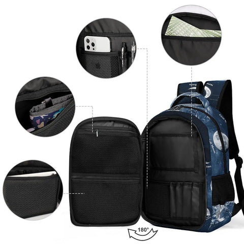 Moon Phases Space Astronomy Backpack Dope Printed Unisex Daypack with open compartments and mesh pockets visible
