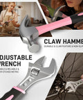 Claw hammer and adjustable wrench from 218 Piece Pink Home Tool Kit Set With Bag For DIY Home Maintenance And Everyday Repairs Includes Screwdrivers Pliers Hammer Tape Measure And More Ladies Friendly Tools For Women Home Projects