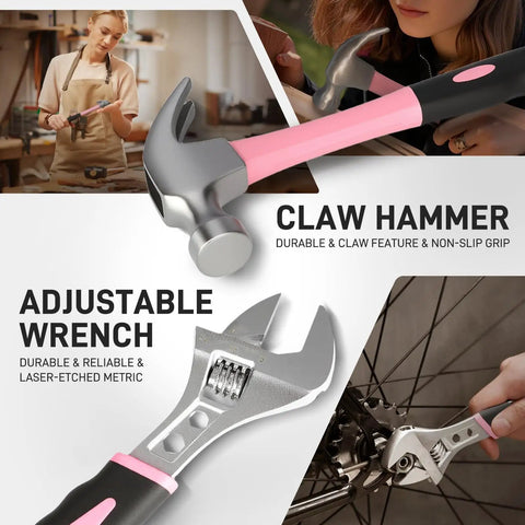 Claw hammer and adjustable wrench from 218 Piece Pink Home Tool Kit Set With Bag For DIY Home Maintenance And Everyday Repairs Includes Screwdrivers Pliers Hammer Tape Measure And More Ladies Friendly Tools For Women Home Projects