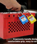 Tough As Nails Lockout Tagout Group Lock Box OSHA Compliant Hardened Steel Padlock Station with ergonomic handle and locks.