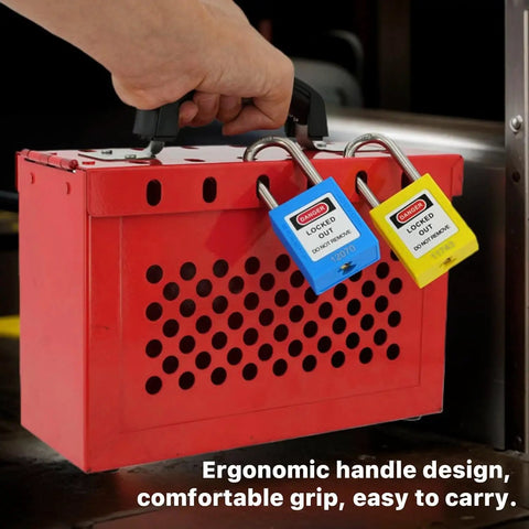 Tough As Nails Lockout Tagout Group Lock Box OSHA Compliant Hardened Steel Padlock Station with ergonomic handle and locks.