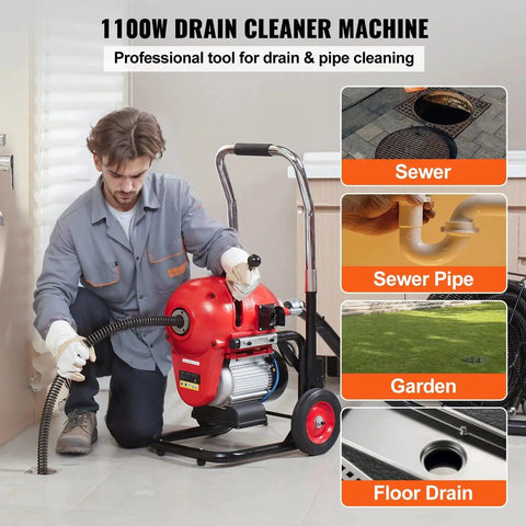 Man using Heavy Duty 120 Foot Manual Feed Sewer Drain Auger Machine Loaded With An 1100W Motor and Premium Hardened Steel Cable.