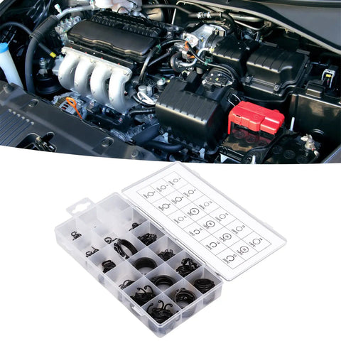 C Clip Circlip Snap Ring Retaining Fastener Hardware Kit with 300 pcs assorted sizes shown near car engine