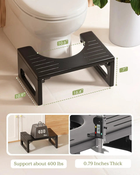 7 Inch Folding Toilet Stool For Adults Bamboo Rustic Brown Collapsible Poop Stool next to bathroom toilet with measurements