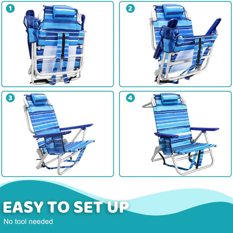 Backpack Beach Chairs For Adults Half Pack Foldable Heavy Duty Camping Chair with Large Pockets and Cup Holder in blue.