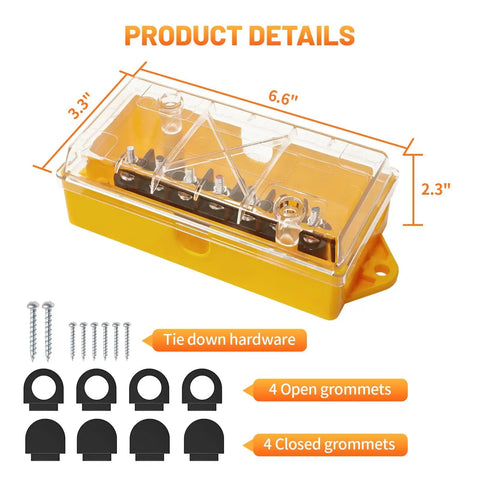 7 Way Trailer Wire Junction Box With Clear Color Coded Cover And 7 Pin Terminal Studs Heavy Duty 7 Gang Trailer Wiring Connector Weatherproof Electrical Box For Rewiring RV Campers Trailers And Boats with dimensions and accessories.