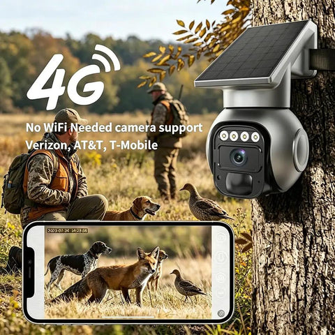 Rugged Wireless Solar Security Camera With 4G Lte Upload And Crisp Five Megapixel Clarity For Yards And Work Sites featuring solar panel and remote view on smartphone.