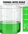 Transparent funnel with scale showing 1.5L capacity, part of No Spill 20 Piece Engine Oil Funnel Kit With 12 Color Coded Adapters And Siphon Hose.