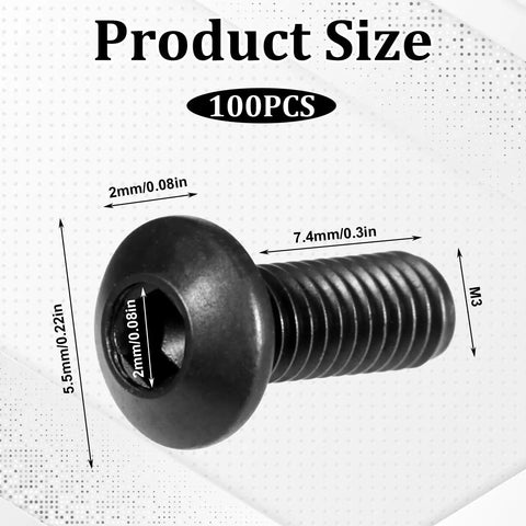 100 Piece M3 X 8mm Hex Socket Button Head Cap Screws Kit, Pro Grade Alloy Steel With Black Oxide Finish, Metric Bolts And Nuts Assortment For DIY Projects, Compatible With 2mm Wrenches showing product size dimensions