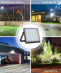 JUDYSSY Flood Light Led Security Light Ip65 Waterproof Spotlight 8000Lm Outdoor, 100w Warm White displayed in various outdoor settings.