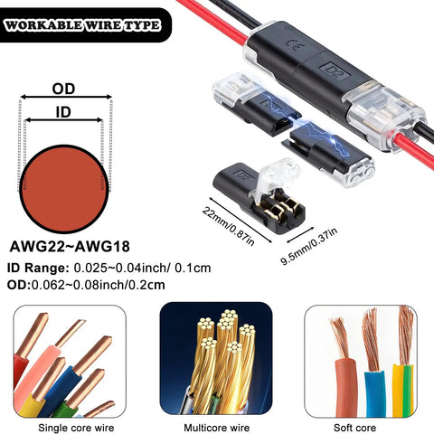 Top Shelf Double Wire Connectors With Locking Buckle, 60 Pack 2 Pin Led Strip Plug In Quick Clip Snap On Blocks for AWG22 to AWG18 wires.