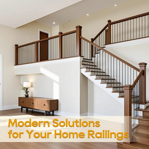 Modern staircase featuring Thirty Pack Heavy Duty Wrought Iron Balusters 1/2 By 44 Inch, Knockout Black Finish.