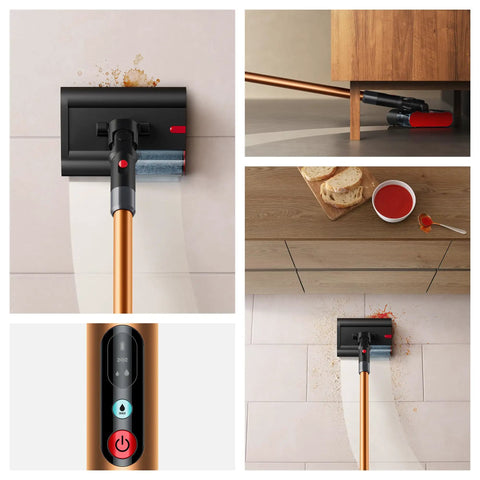 Ultra Slim Cordless Wet Floor Cleaner with Microfiber Roller, 64,000 Filaments mopping tile floor and cleaning sauce spill