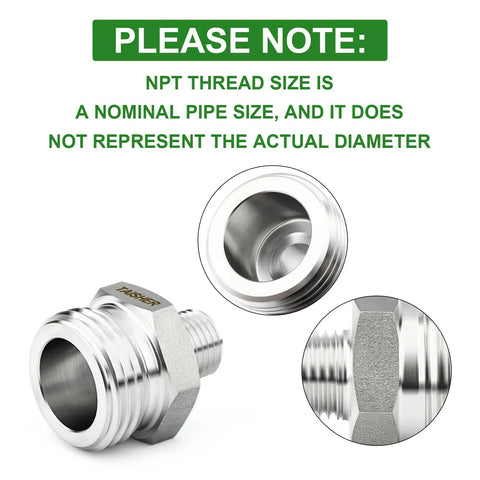 Five Pack 304 Stainless Steel Garden Hose Adapters Three Quarter Inch GHT Male To Three Eighth Inch NPT Male With Washers product image