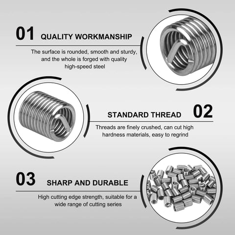 M6 x 1.0 Helicoil Thread Repair Kit, 100 Pcs Coiled Wire Inserts, Stainless Steel 304 Thread Sleeves For Damaged Threads displayed.