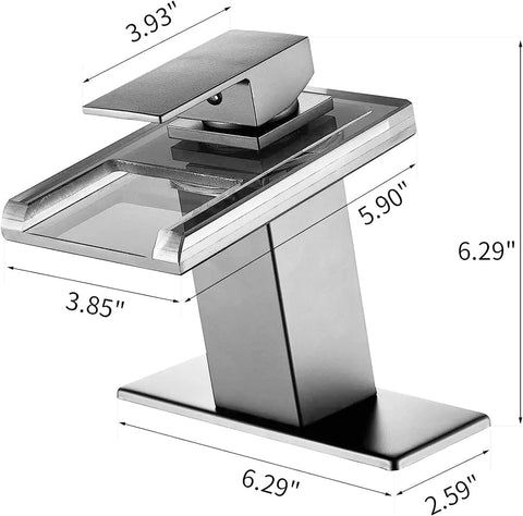 Lit LED Powered Water Glow Bathroom Faucet With Chrome Waterfall Vanity, Single Handle 1 Hole Sink Open Glass Spout Includes Pop Up Drain And 2 Supply Lines Brushed Nickel Finish, showing dimensions.