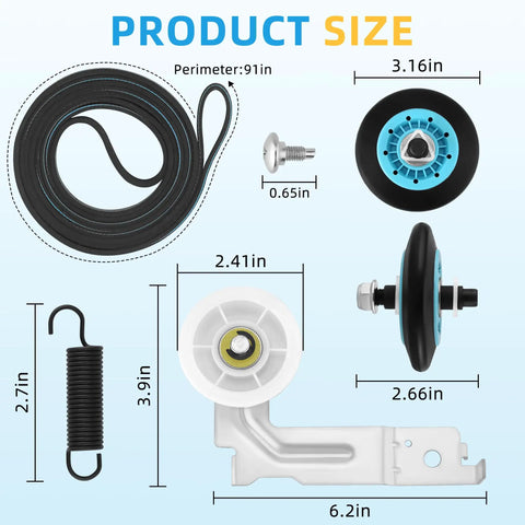 Complete Dryer Repair Kit For Samsung Including Drum Rollers, Idler Pulley, Dryer Belt And Spring with product dimensions