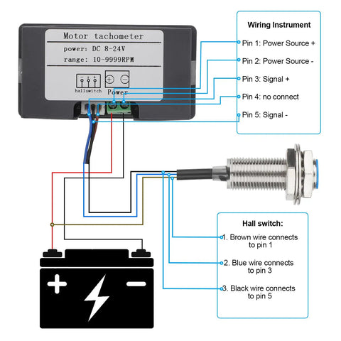 Digital Tachometer With Blue LED Display, 4 Digit RPM Speed Meter For Motors, Hall Proximity Switch NPN Sensor, 12 To 24V DC, High Accuracy 0.1 Percent, No Nonsense Readouts, Ideal For Conveyor Belts And Industrial Machinery wiring diagram with hall switch and battery