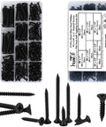 Six Gauge Black Oxide Drywall And Wood Screws Kit With 215 Piece Assortment Phillips Drive Countersunk Self Tapping Screws From Five Eighths Inch To Two Inches For Wood Projects displayed with screws in a divided organizer box.