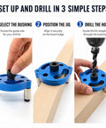 Right On Track Self Centering Dowel Jig Kit With Multiple Size Drill Bushings For Flawless Wood Joinery And Precise Hole Placement Easy Bench Tool That Cuts Setup Time In Half shown in use with drill bit positioning on wood.