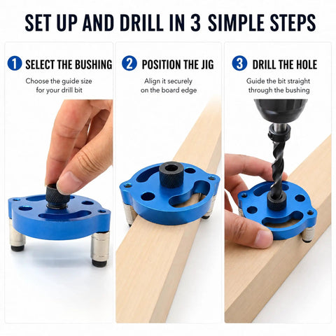 Right On Track Self Centering Dowel Jig Kit With Multiple Size Drill Bushings For Flawless Wood Joinery And Precise Hole Placement Easy Bench Tool That Cuts Setup Time In Half shown in use with drill bit positioning on wood.