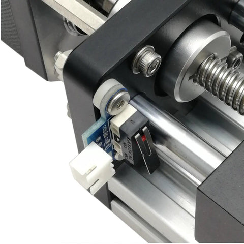 Close-up of CNC Z Axis Aluminum Sliding Table With Nema 17 Stepper Motor And Limit Switch. Visible copper anti-backlash nut T8 lead screw 4mm.
