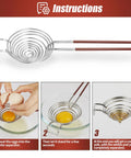Egg Separator Spiral Tool For Yolk And White Kitchen Hack Stainless Steel Dishwasher Safe Extra Long Handle shown with instructions