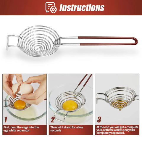 Egg Separator Spiral Tool For Yolk And White Kitchen Hack Stainless Steel Dishwasher Safe Extra Long Handle shown with instructions