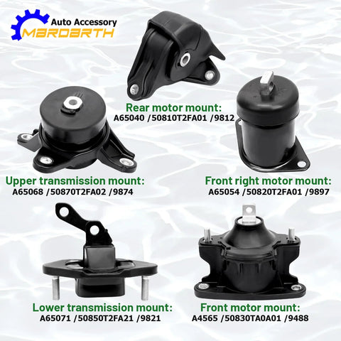 Set Of 5 Engine Motor Mounts And Transmission Mount Kit For 2008 2012 Honda Accord 2.4L L4 And 2009 2013 TSX Automatic Transmission Only Direct OE Replacement A4565 A4572 A4570 A4584 A4561 shown in various angles