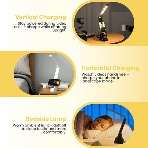 Image showcasing 7 In 1 Desk Lamp With 10W Wireless Charging Pad And Clock Dimmable LED Light With USB Charging Alarm Smart Display.