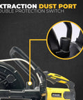 Close-up of dust port on Powerful 3200W Electric 16 Inch Circular Saw For Concrete Wet And Dry Cutting with water line attachment.