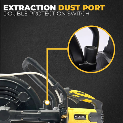 Close-up of dust port on Powerful 3200W Electric 16 Inch Circular Saw For Concrete Wet And Dry Cutting with water line attachment.