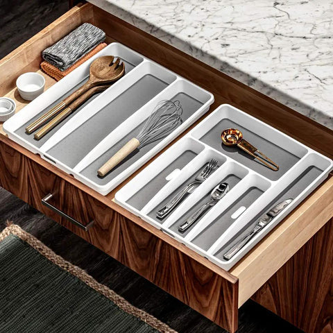 Three Compartment Utensil Tray For Kitchen Drawers With Deep Storage And Non Slip Lining Perfect For Ladles Whisks And Serving Tools Also Great For Makeup And Bathroom Storage White in a wooden kitchen drawer.