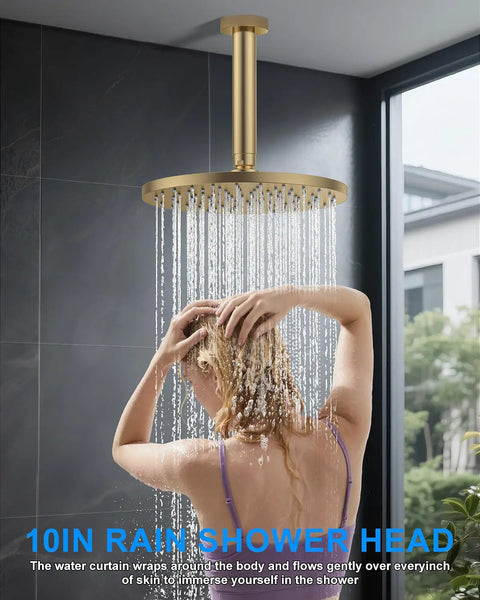 Brushed Gold Shower System With Dual 10 Inch Ceiling Rain Heads And Pressure Balance Valve Includes Multi Function Handheld Sprayer Plus Push Button Diverter For Zero Drama Bathroom Refresh