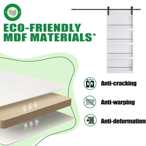 Eco-friendly MDF materials for 72 Inch Double Sliding Barn Door With Shelf Style, 84 Inch Tall, Primed MDF Build, Two 36 Inch Panels.