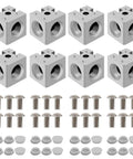 Heavy Duty 3030 T Slot Aluminum Extrusion 3 Way Corner Cube Kit with M6 Fasteners includes eight silver connectors, screws, nuts.