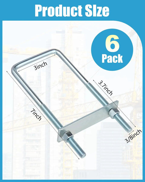 6 Pack Square U Bolts With Nuts And Straps Included, 3 Inch Wide Zinc Plated Carbon Steel U Bolts, Built Tough, Heavy Duty Hardware (3/8 x 3 x 7 Inch)