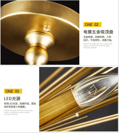 Close-up of Brass Plated Sputnik Satellite Starburst Chandelier, 12 Light, showing brass ceiling mount and bulb holder detail.