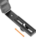 Close-up of a heavy duty DSLR L bracket mount showing dual cold shoe mounts and padded hand grip for stabilization.