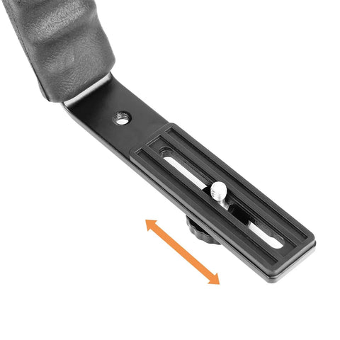 Close-up of a heavy duty DSLR L bracket mount showing dual cold shoe mounts and padded hand grip for stabilization.