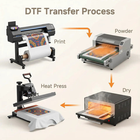 Direct To Film Transfer Film Roll 13 Inch By 328 Feet Glossy Single Sided PET Pre Treat Heat Transfer Paper For T Shirts Cold And Hot Peel Direct To Film Application For Textile process diagram showing printing, powdering, heat press, and drying stages.