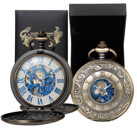 Mechanical Skeleton Pocket Watch With Roman Numerals Double Cover Half Hunter Design Bronze Tone Dial Standable On Table Photo Frame Inside Premium Box And Chain For Men And Women Dope Vintage Style