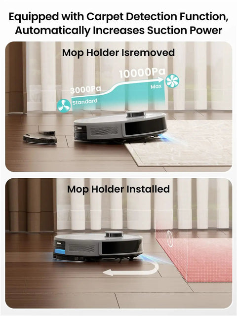 LiDAR Robot Vacuum And Mop With 10000Pa Suction 75 Day Self Emptying Base 360 Degree Mapping in action on carpet and wood floor