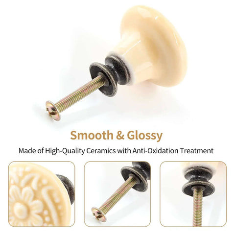 Cool Light Yellow Ceramic Drawer Knobs 10 Piece Bundle Comes With Solid Mounting Hardware Small Dresser Pulls close-up of glossy finish and screw
