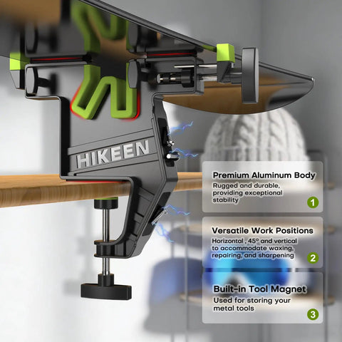 Heavy Duty Ski Snowboard Vise Set For Tuning And Waxing, Adjustable And Stable, shown clamping a snowboard horizontally