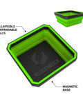 Green tray from Magnetic Collapsible Parts Tray Organizer Set Of Three In Red Green And Orange for DIY tool parts, showing expandable walls and magnetic base.